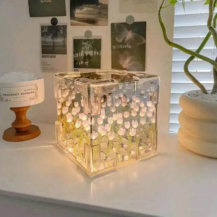 Lumière Éclatante: Cube Créatif Marin de Tulipes 3D – Une Nuit Magique pour Elle