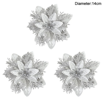 Lot de 3/10 fleurs de Noël à paillettes de 14 cm, tête de fleur rouge et dorée, ornement pour arbre de Noël, décorations du Nouvel An pour la maison, cadeaux de Noël