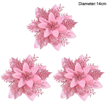 Lot de 3/10 fleurs de Noël à paillettes de 14 cm, tête de fleur rouge et dorée, ornement pour arbre de Noël, décorations du Nouvel An pour la maison, cadeaux de Noël