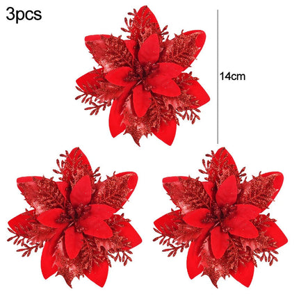 Lot de 3/10 fleurs de Noël à paillettes de 14 cm, tête de fleur rouge et dorée, ornement pour arbre de Noël, décorations du Nouvel An pour la maison, cadeaux de Noël