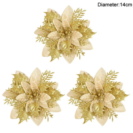 Lot de 3/10 fleurs de Noël à paillettes de 14 cm, tête de fleur rouge et dorée, ornement pour arbre de Noël, décorations du Nouvel An pour la maison, cadeaux de Noël