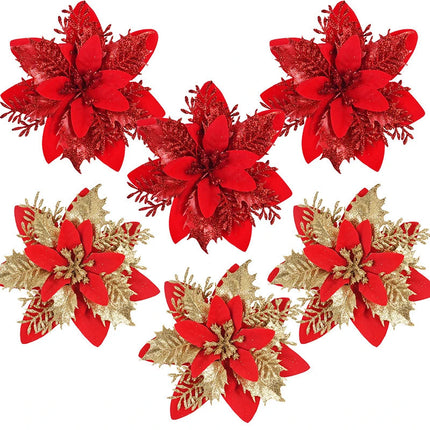 Lot de 3/10 fleurs de Noël à paillettes de 14 cm, tête de fleur rouge et dorée, ornement pour arbre de Noël, décorations du Nouvel An pour la maison, cadeaux de Noël