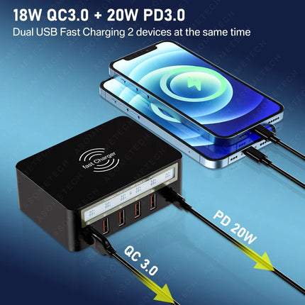 Station de Charge 5 USB + 1 USB-C + 1 Charge à Induction