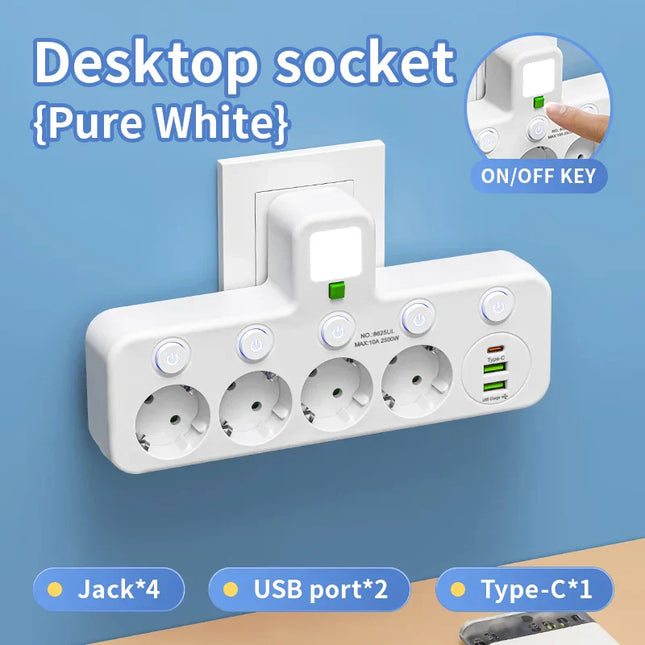 Multiprise murale 2500W - 4 Prises, 2 USB + 1 Type- C