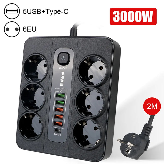 Multiprise 12 en 1 avec bouton On/Off - 6 Prises et 6 Ports USB