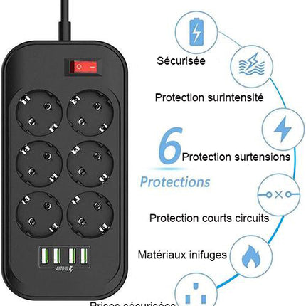 Multiprise - 6 prises + 4 ports USB