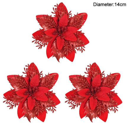 Lot de 3/10 fleurs de Noël à paillettes de 14 cm, tête de fleur rouge et dorée, ornement pour arbre de Noël, décorations du Nouvel An pour la maison, cadeaux de Noël