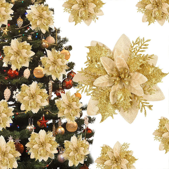 Lot de 3/10 fleurs de Noël à paillettes de 14 cm, tête de fleur rouge et dorée, ornement pour arbre de Noël, décorations du Nouvel An pour la maison, cadeaux de Noël